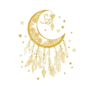 Golden mandala moon with star pendants self-adhesive wallpaper for bedroom wall decor