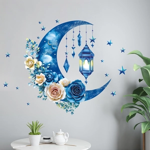 Stickers muraux croissant de lune bleu et fleurs pour décoration d'intérieur