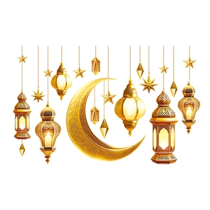 Golden Ramadan crescent moon and intricate lanterns wall sticker set for festive decor
