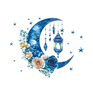 Sticker mural croissant de lune bleu avec étoiles et roses pour décoration d'Eid