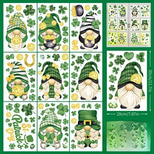 Detailed view of 9 sheets St. Patrick's Day gnome window clings with clover designs