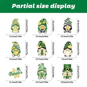 Size chart for St. Patrick's Day gnome window clings with detailed dimensions for each piece