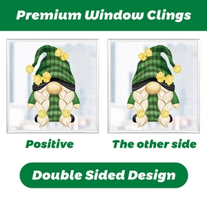 Double sided St. Patrick's Day window cling featuring a green gnome and clover design