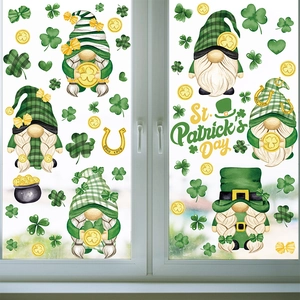 St. Patrick's Day gnome and shamrock window decals set for festive glass decoration