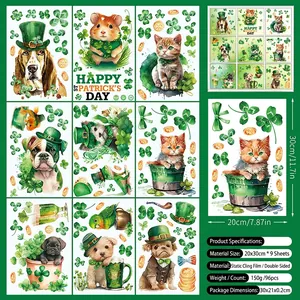 Set mit 9 doppelseitigen St. Patrick's Day Fensteraufklebern mit Tier- und Kleemotiven