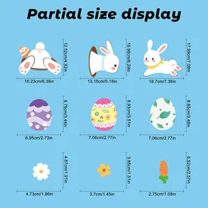 Detailed size chart for Easter bunny stickers including eggs and carrots in cm and inches