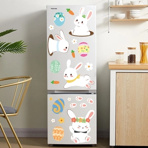 Easter bunny and colorful eggs static cling stickers on a modern silver refrigerator