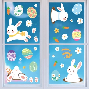 Detailed view of colorful Easter bunny and egg static window stickers on white frame