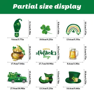 Detailed size guide for St. Patrick's Day wall decals featuring shamrocks and gold coins