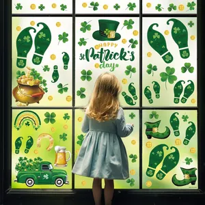 St. Patrick's Day window stickers featuring shamrocks and gold coins for party decor