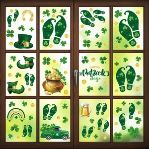 St. Patrick's Day window stickers set with shamrocks, gold coins and leprechaun footprints