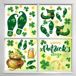 Window display of St. Patrick's Day stickers with green clovers and gold coin pots