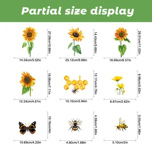 Size chart for sunflower and butterfly window clings with precise height and width dimensions