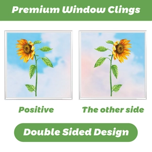 Detailed view of sunflower window clings featuring double-sided design for indoor outdoor visibility