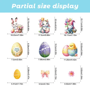 Detailed size chart for Easter window stickers featuring bunny and egg patterns in inches