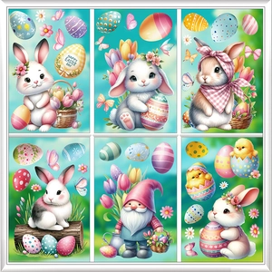 Easter decorative stickers set featuring cute rabbits and colorful eggs for window decor