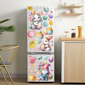 Easter egg and bunny stickers set on a white refrigerator in a modern kitchen scene