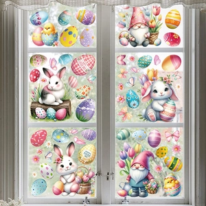 Easter window decals featuring bunnies, gnomes, and colorful eggs on a white window frame