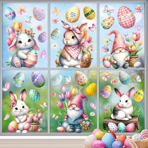 Detail of Easter static window clings with bunnies, gnomes, and colorful eggs design