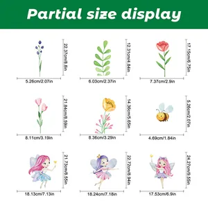 Size guide for floral fairy glass stickers showing dimensions in cm and inches