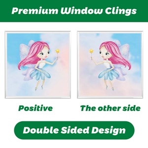 Detail view of double-sided fairy window clings with watercolor flower and sprite designs