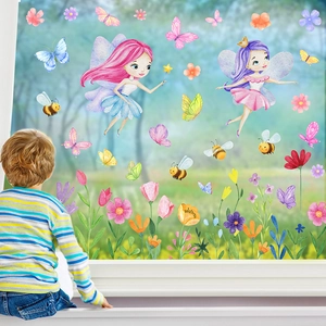 Detail view of flower fairy static window clings used for kids room glass decoration
