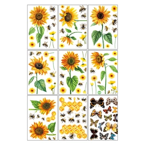 Spring butterfly and sunflower static window stickers set with bees and honeycomb design