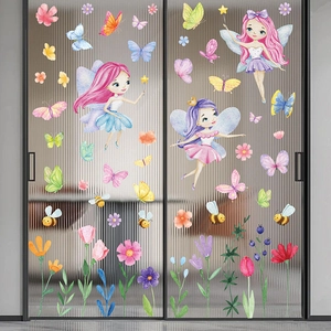 Charming flower and fairy static glass stickers on frosted glass for window decoration