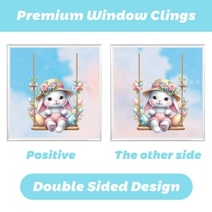 Close-up of double-sided Easter bunny window cling with colorful eggs and flower details
