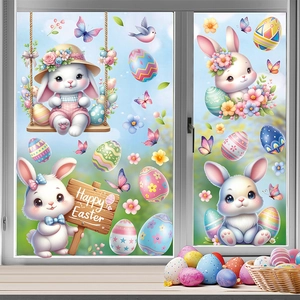 Easter Window Clings Static PVC Stickers Double Sided Rabbit Egg Butterfly Holiday Home Glass Decoration Cartoon Style