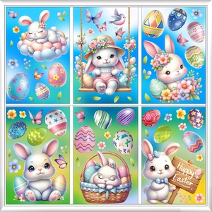 6-piece Easter window sticker set with rabbits, colorful eggs, and butterflies on glass