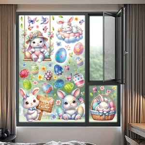 Detailed view of Happy Easter window stickers with cartoon rabbits and eggs on glass