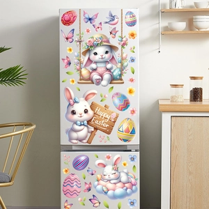 3D Easter bunny and colorful egg stickers applied on a white refrigerator door