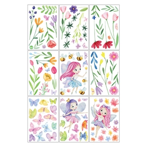 Nine-sheet set of watercolor floral and fairy static stickers for windows and home decor