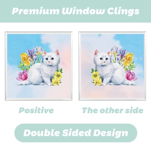 Stickers de fenêtre double face avec chat blanc et fleurs colorées sur fond dégradé ciel