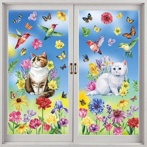 Détail de stickers électrostatiques pour fenêtres avec colibris, chats et fleurs colorés