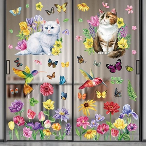 Stickers électrostatiques vitres avec fleurs, papillons, colibris et chats décoratifs