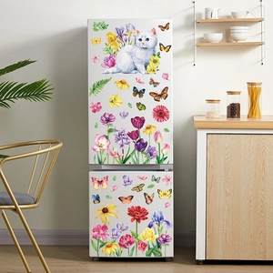 Autocollants statiques chat et fleurs colorées sur réfrigérateur blanc pour décoration
