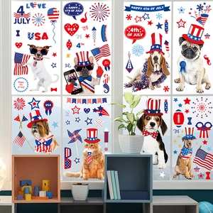 Independence Day Window Clings Static PVC Double Sided Patriotic Dogs Cats USA Flag Fireworks Fourth Of July Decor
