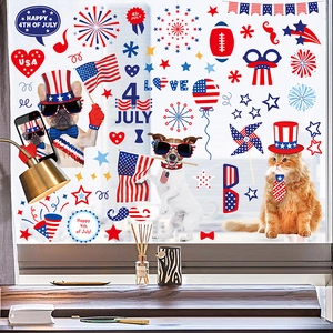 Patriotic USA Independence Day window clings with American flag and cute pets decor