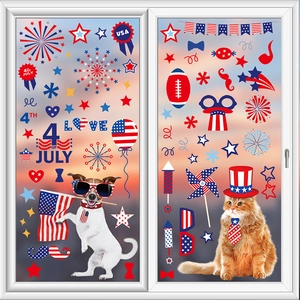 Patriotic July 4th window clings with USA flags and cute pets on glass window
