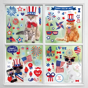 Detailed view of patriotic pet window stickers with American flag hats and fireworks