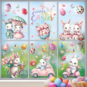 Osterhasen Fensterbilder Set mit bunten Eiern und Frühlingsblumen für Glasdekoration