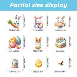 Size chart for Easter window stickers featuring bunny and egg motifs in cm and inches