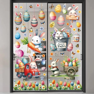 Easter electrostatic glass stickers featuring cartoon bunnies and colorful eggs on a glass door