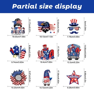 Detailed size chart for Independence Day stickers featuring US flags and vintage trucks