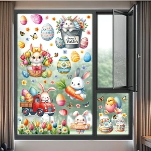 Window display showing Easter decals with bunnies, eggs, and Happy Easter text