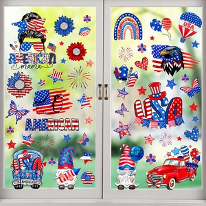Detailed view of Patriotic Independence Day window clings with vintage truck and gnome designs