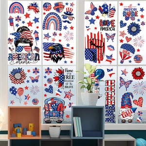 Detail of Independence Day window clings with American flag motifs and USA gnome designs