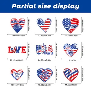 Detailed size chart for 9 Independence Day window stickers with patriotic heart designs